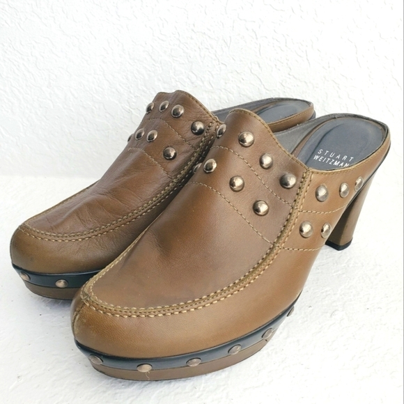 Stuart Weitzman Studded Platform Leather Mule Clog Slide Olive Green Women's 9 - Picture 1 of 11